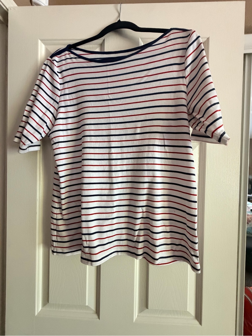 St. John's Bay White Tee with Navy & Red Stripes